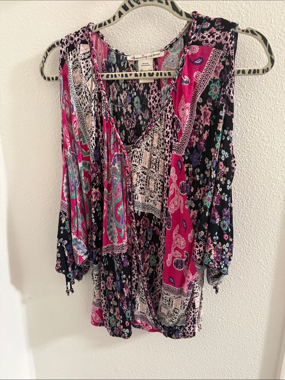 American Rag Boho Patchwork V-Neck Blouse in Pink & Black